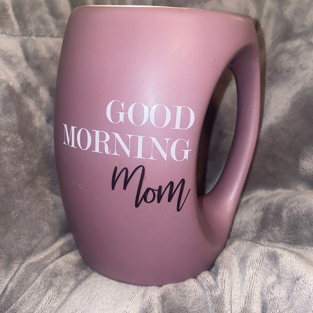 Mug… GOOD MORNING MOM. Raspberry colored with ergonomic handle.